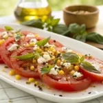 Sliced tomatoes topped with corn and feta cheese