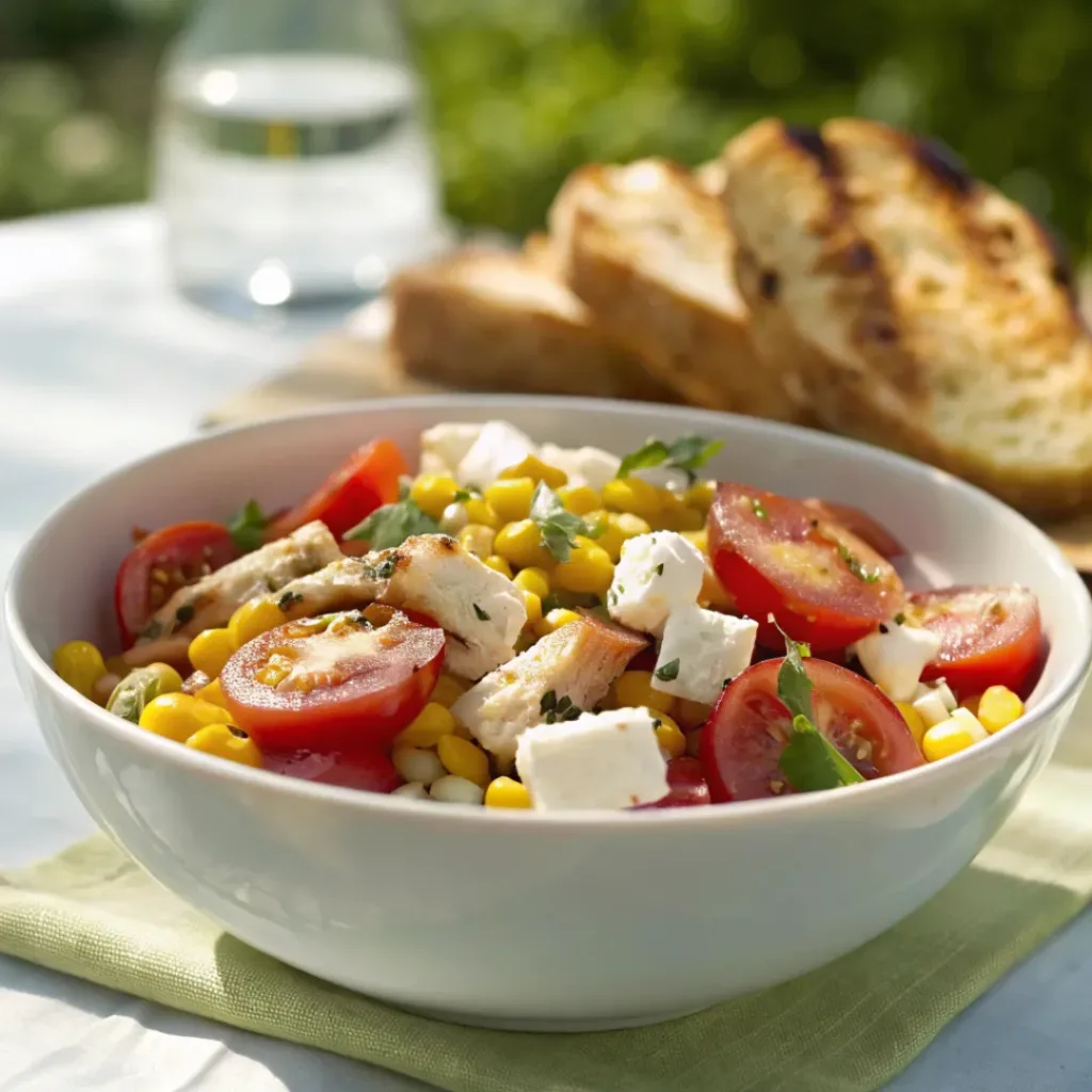 Tomato corn feta salad served with grilled dishes