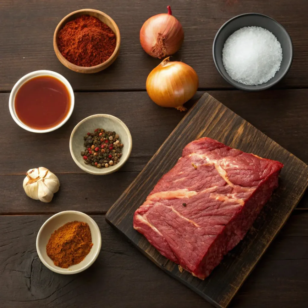 Slow Cooker BBQ Brisket – Tender, Juicy & Fall-Apart Beef 6 Flat lay of brisket, BBQ sauce, spices, and aromatics