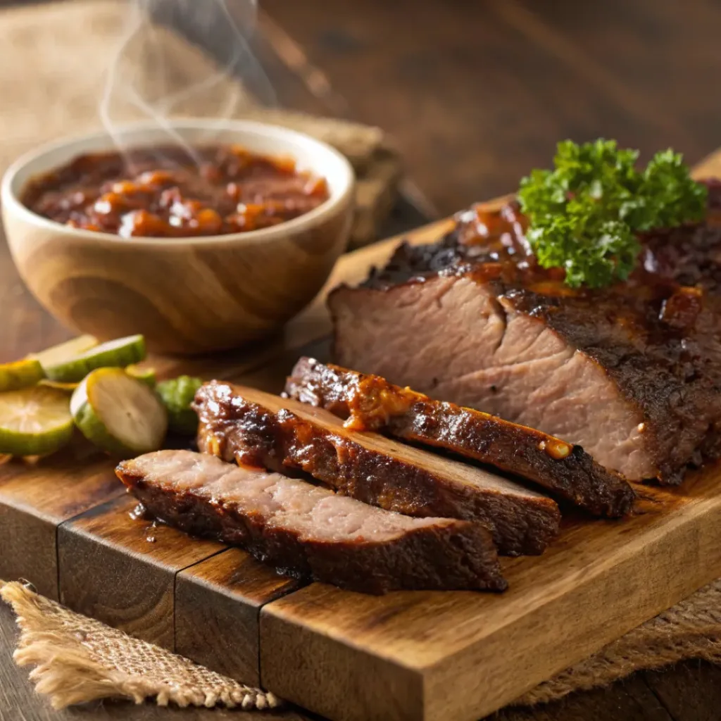 Home 7 Slow cooked BBQ brisket sliced with sauce and garnish