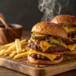 Juicy smash burgers with melted cheese and crispy beef patties