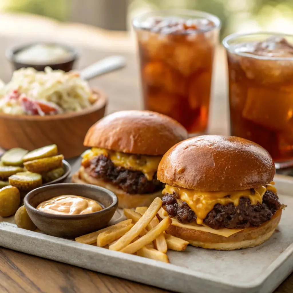 Smash burgers served with fries and dipping sauces