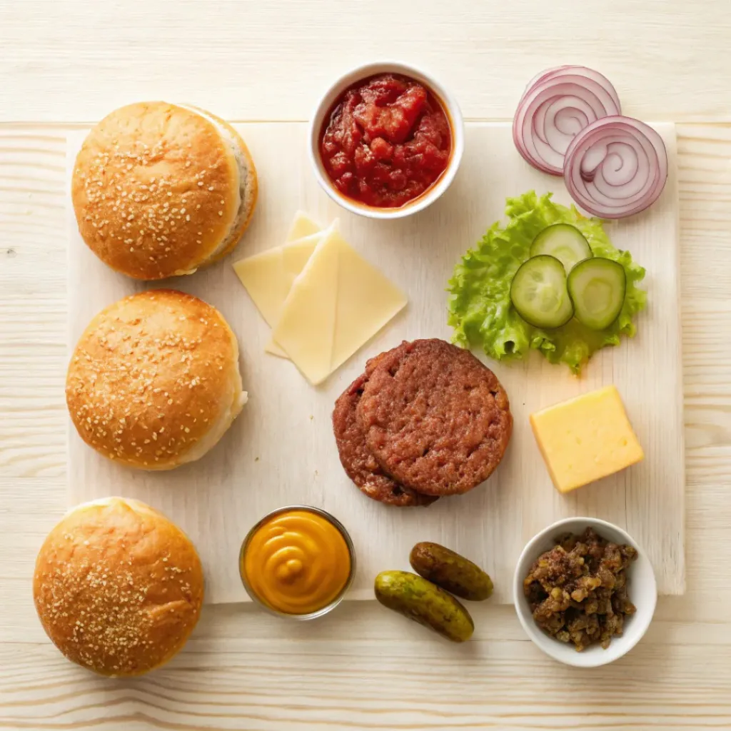 Flat lay of burger buns, beef, cheese, lettuce, and toppings