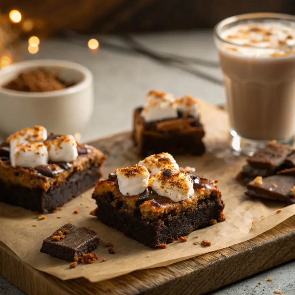 S'mores Brownies – Gooey, Chocolatey & Campfire-Inspired Dessert 8 S’mores brownies served with toasted marshmallows and milk