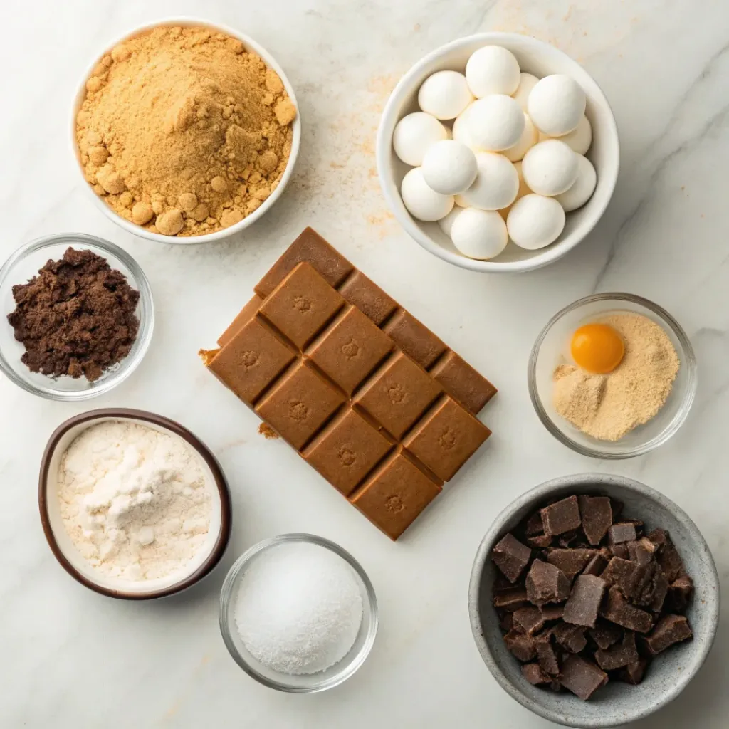 S'mores Brownies – Gooey, Chocolatey & Campfire-Inspired Dessert 6 Flat lay of marshmallows, chocolate, graham crackers, and brownie ingredients