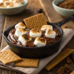 Melted chocolate s’mores dip with toasted marshmallows and graham crackers