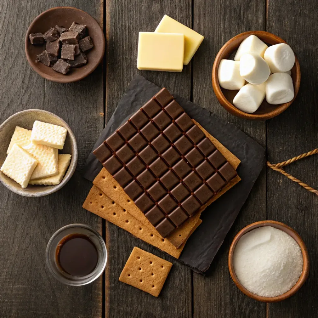 Flat lay of chocolate, marshmallows, and graham crackers