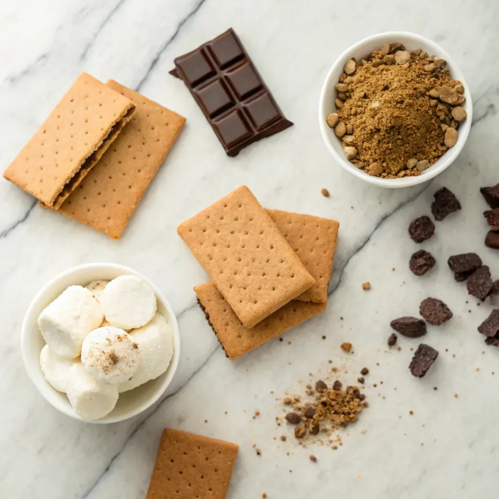 Flat lay of graham crackers, marshmallows, chocolate, and ice cream ingredients