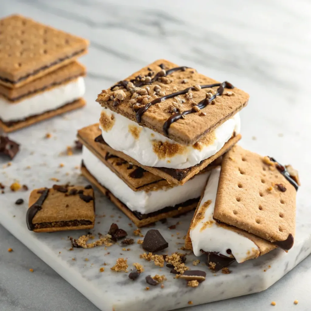 S’mores ice cream sandwiches with graham crackers and marshmallow