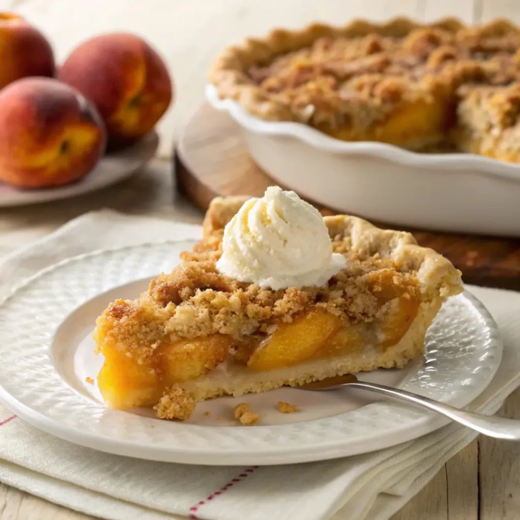 Sour Cream Peach Pie – Creamy, Sweet & Classic Summer Dessert 8 Peach pie served with whipped cream and fresh peaches