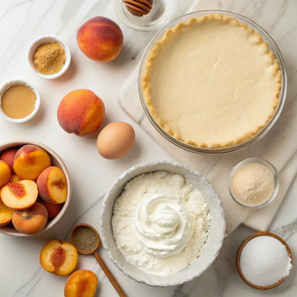 Sour Cream Peach Pie – Creamy, Sweet & Classic Summer Dessert 6 Flat lay of peaches, sour cream, pie crust, and baking ingredients