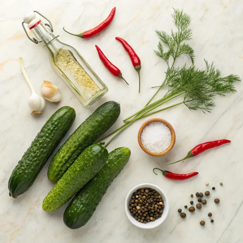 Flat lay of cucumbers, chili peppers, garlic, dill, and spices