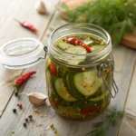 Spicy pickles with chili peppers, garlic, and dill in jar