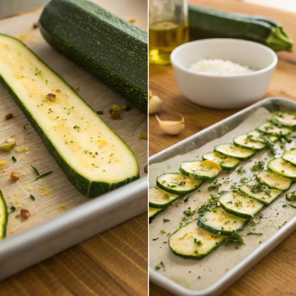 Garlic Roasted Zucchini – Simple, Savory & Oven-Roasted Side Dish 7 Four step collage showing slicing, seasoning, baking, and serving zucchini