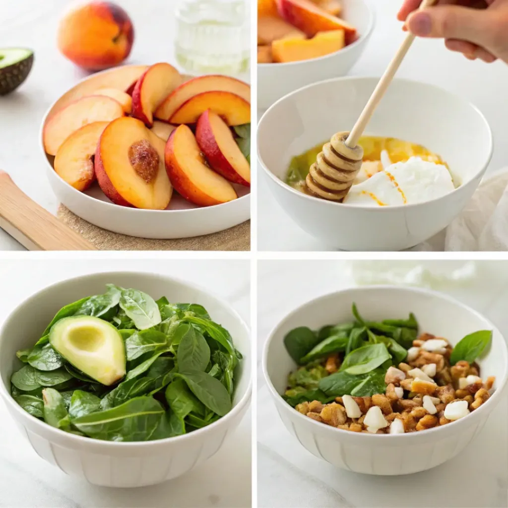 Four step collage showing preparing spinach, slicing fruit, making dressing, and assembling salad