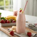 Strawberry banana smoothie in glass with fresh fruit garnish