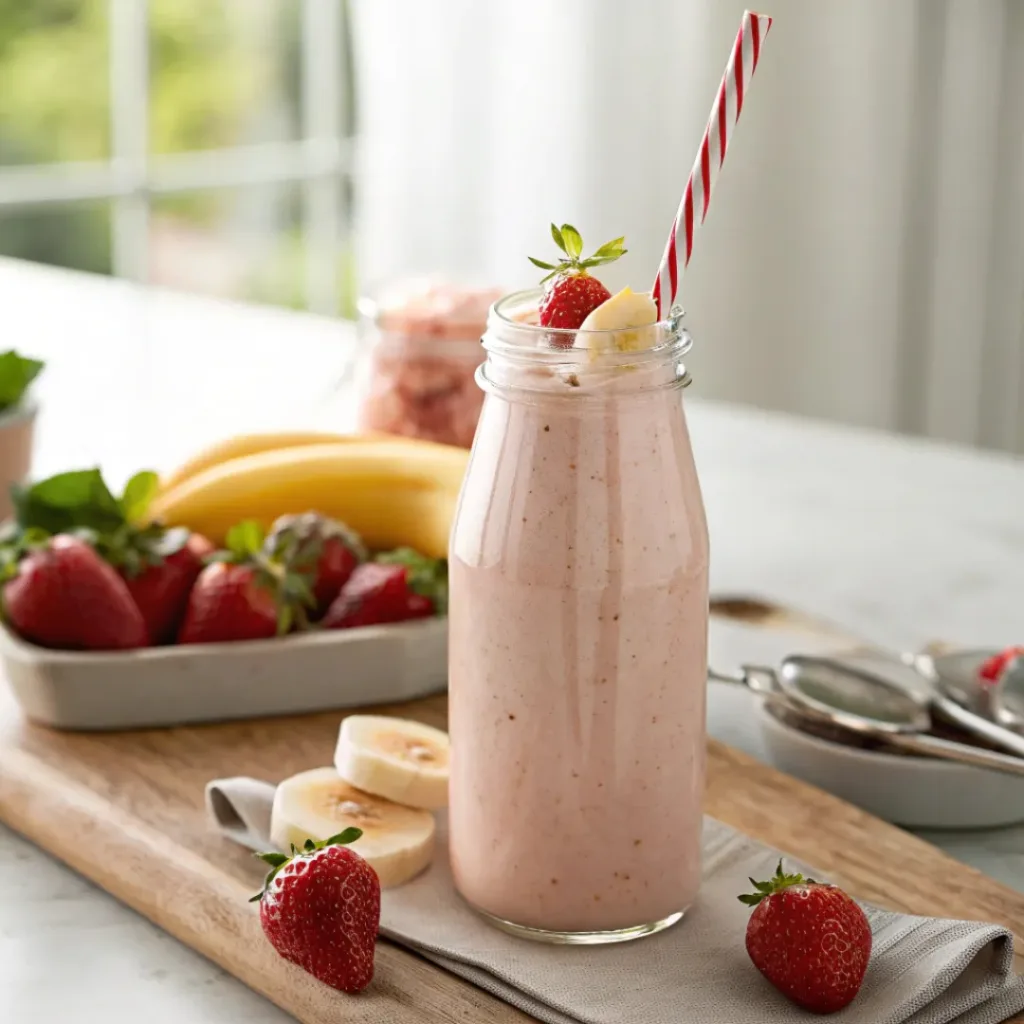 Strawberry banana smoothie in glass with fresh fruit garnish