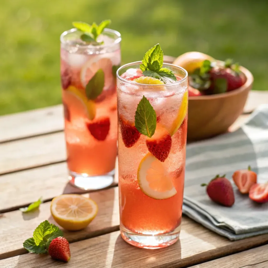 Strawberry Basil Lemonade – Fresh, Fruity & Herb-Infused Summer Drink 8 Cold strawberry basil lemonade with ice and fresh herbs