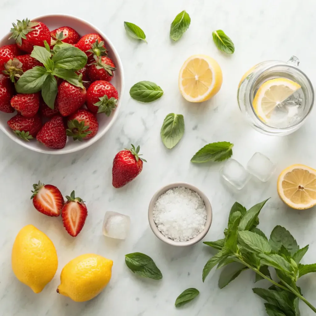 Strawberry Basil Lemonade – Fresh, Fruity & Herb-Infused Summer Drink 6 Flat lay of strawberries, lemons, basil, and lemonade ingredients