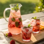 Strawberry lemonade with basil, ice, and lemon slices