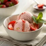 Pink strawberry ice cream scoops with fresh strawberries and syrup