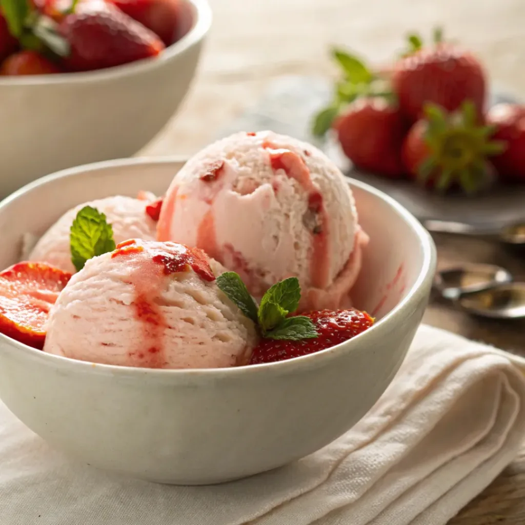 Strawberry Ice Cream – Creamy, Fruity & Homemade Classic Dessert 8 Creamy strawberry ice cream scoops with fresh strawberries and mint