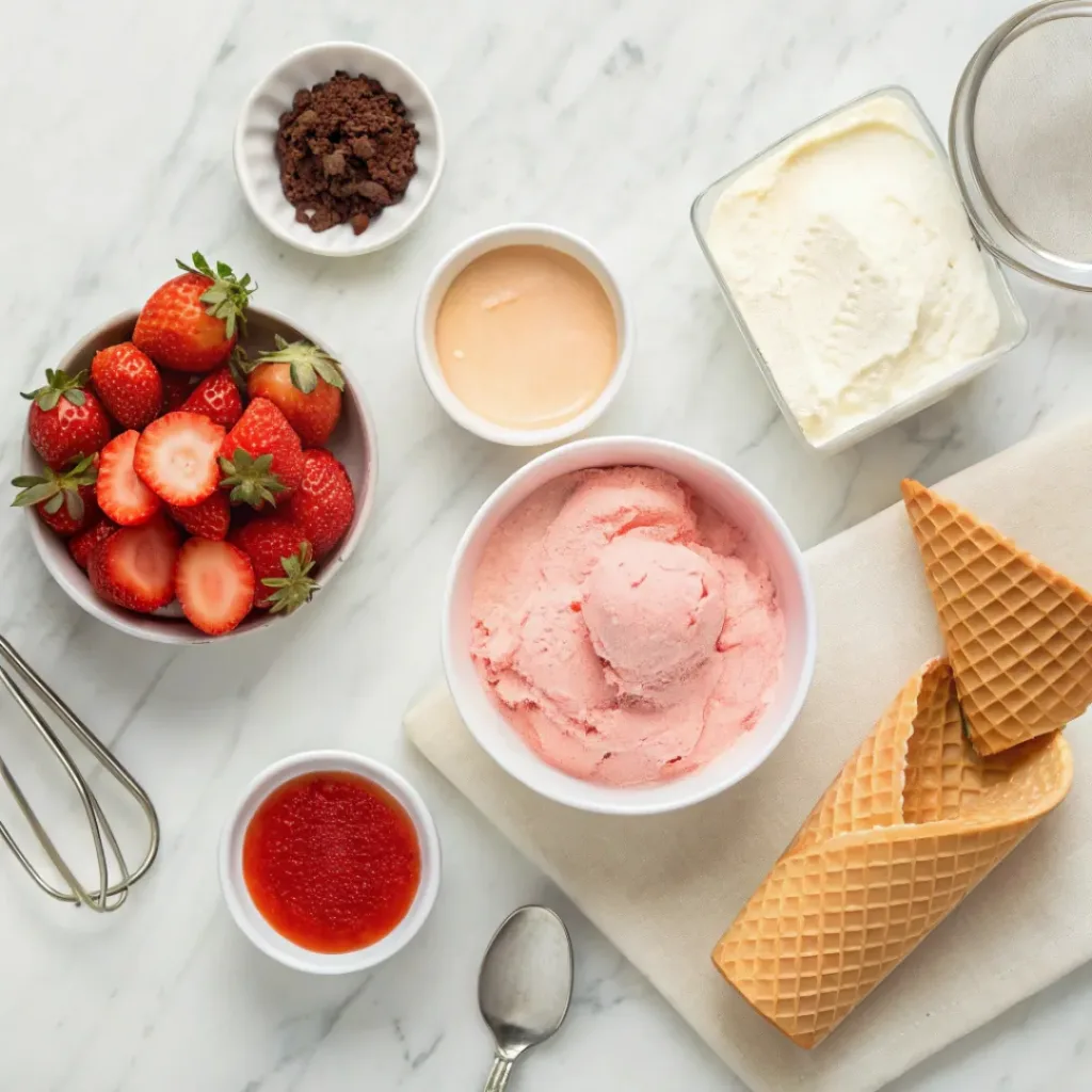 Strawberry Ice Cream – Creamy, Fruity & Homemade Classic Dessert 6 Flat lay of strawberries, cream, sugar, and ice cream ingredients