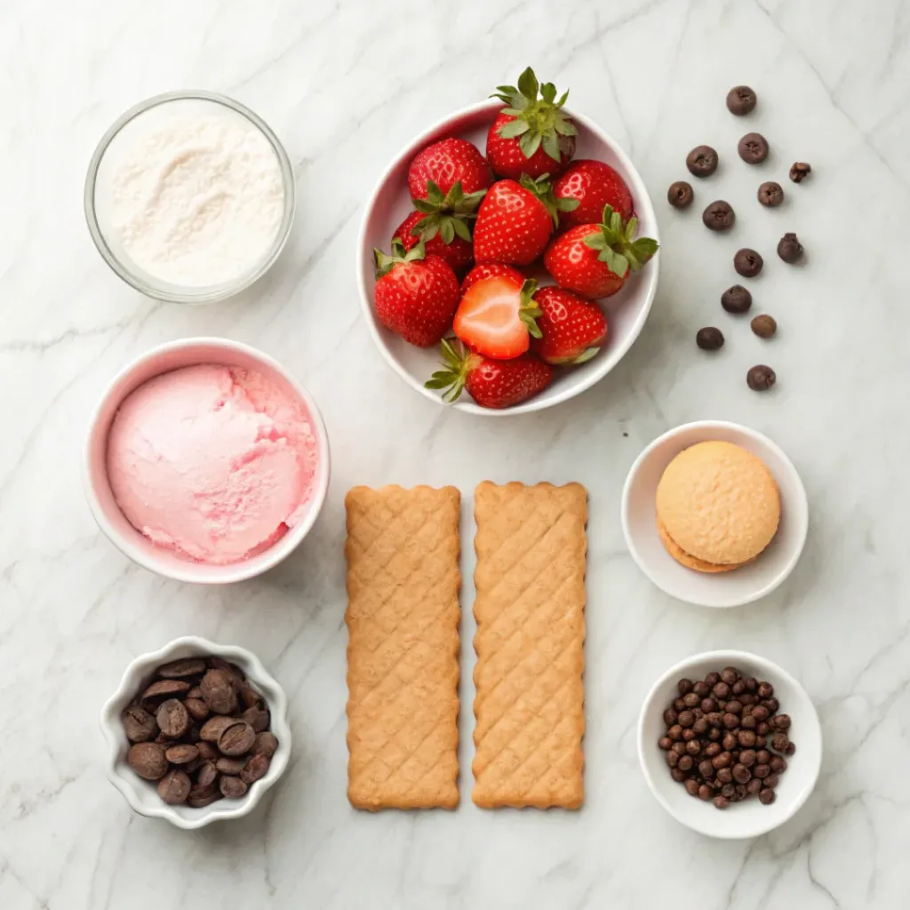 Flat lay of strawberries, cream, cookies, and dessert ingredients