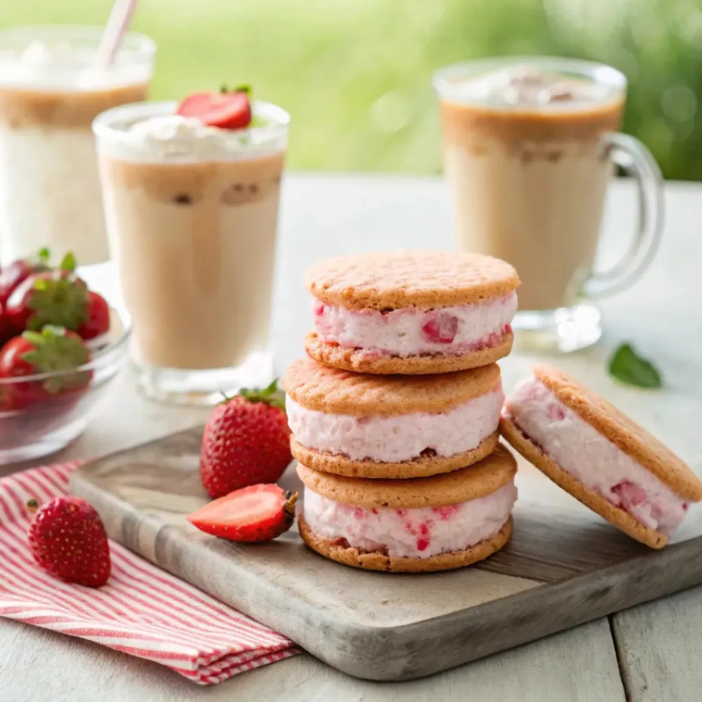 Strawberry ice cream sandwiches served with fresh berries and drinks