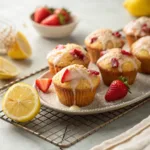 Strawberry lemon muffins with glaze and fresh berries