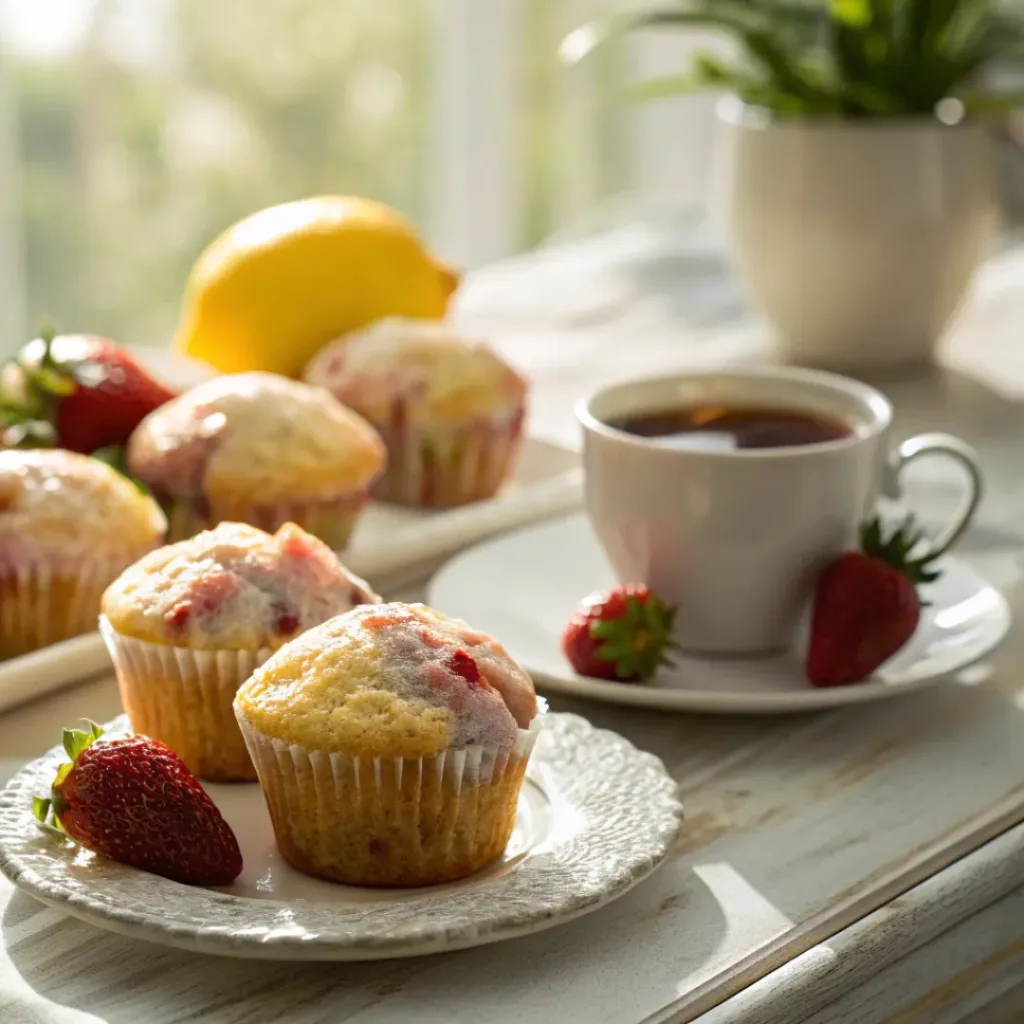 Strawberry lemon muffins served with coffee and fresh fruit