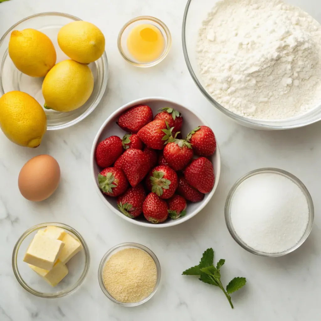 Flat lay of strawberries, lemons, flour, eggs, and baking ingredients