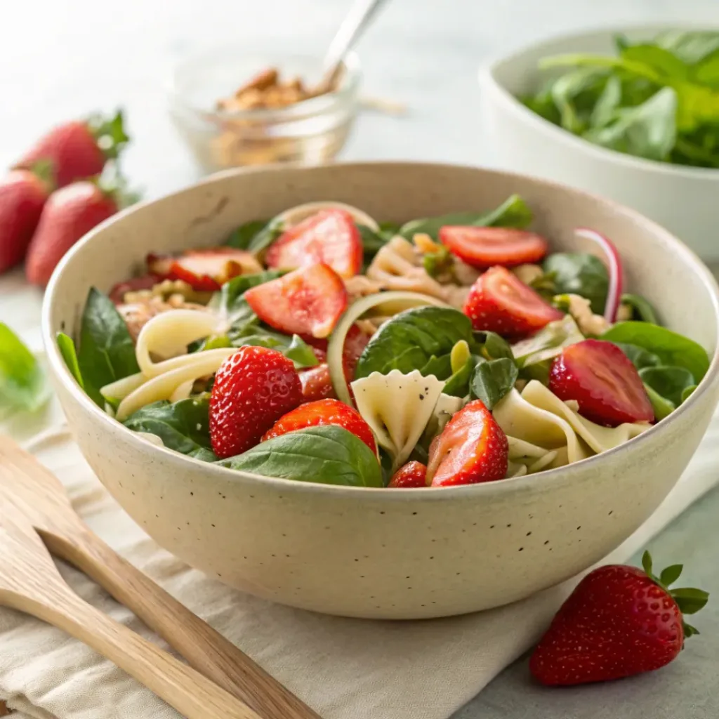 Strawberry spinach pasta salad with fresh greens and dressing