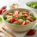 Strawberry spinach pasta salad with fresh greens and dressing