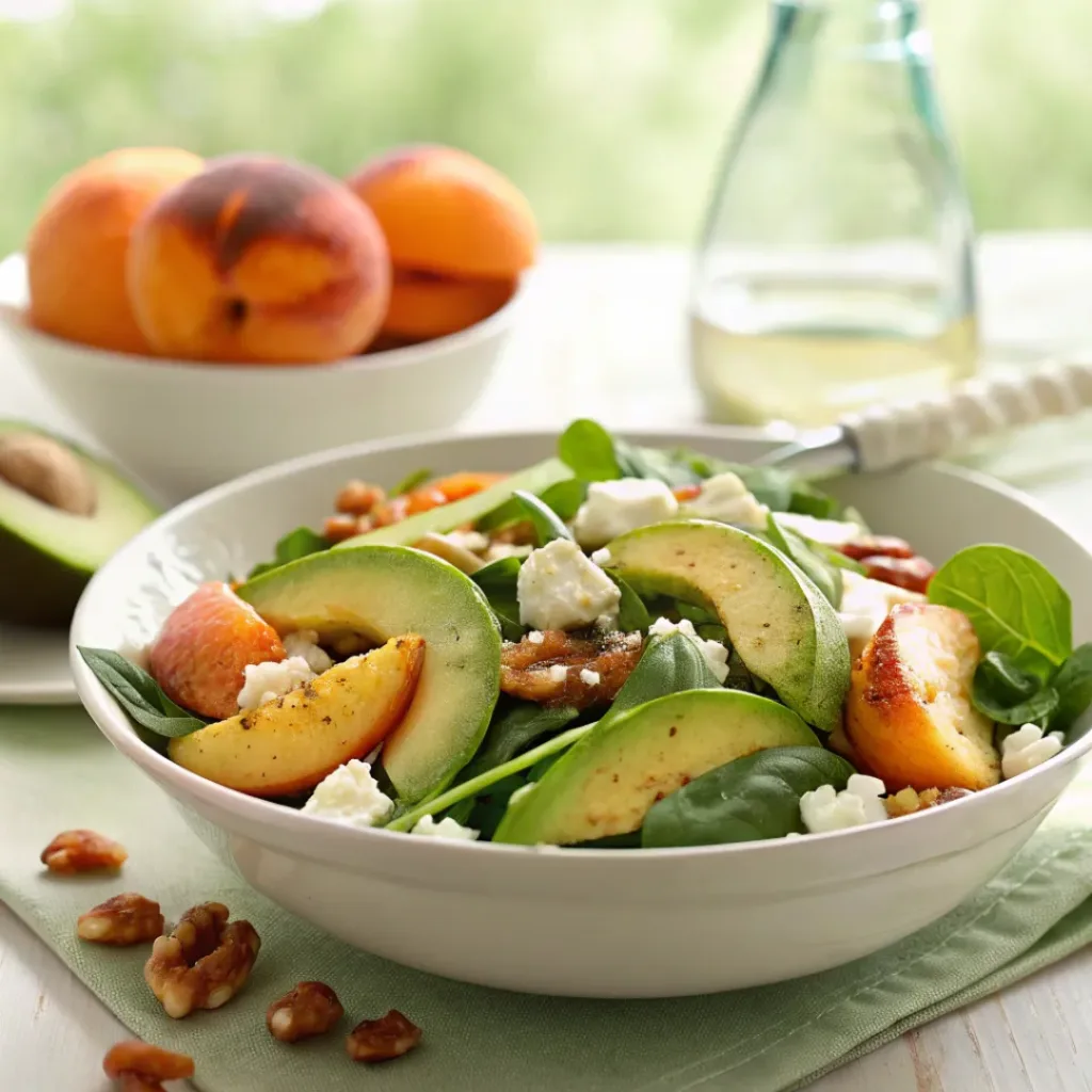 Spinach peach salad with avocado served with grilled chicken