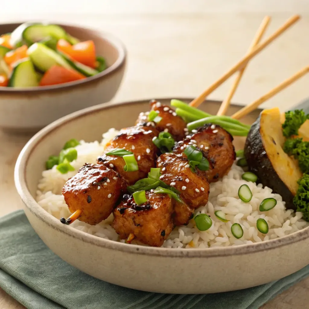 Teriyaki chicken skewers served with rice and vegetables