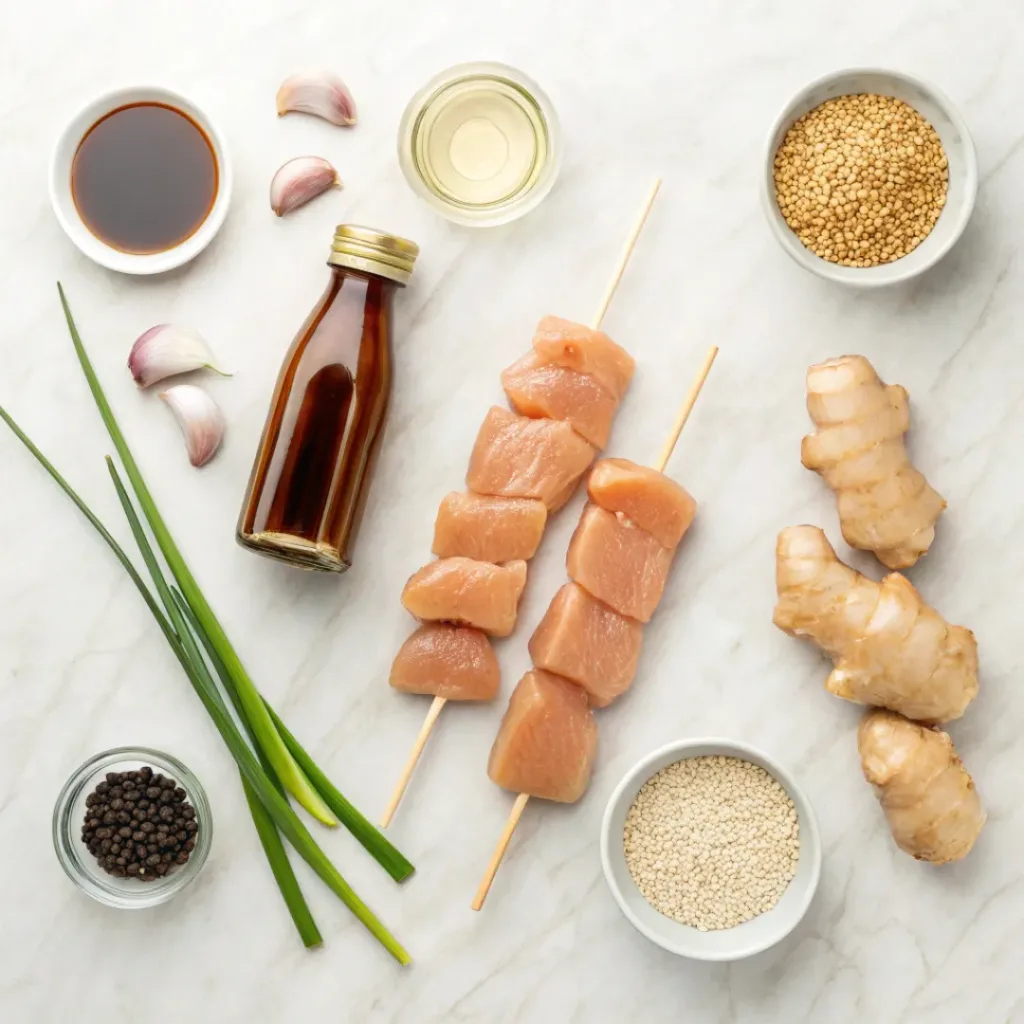 Flat lay of chicken, soy sauce, garlic, ginger, and skewers