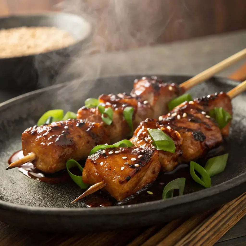 Teriyaki chicken skewers glazed with sauce and sesame seeds