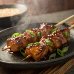 Teriyaki chicken skewers glazed with sauce and sesame seeds