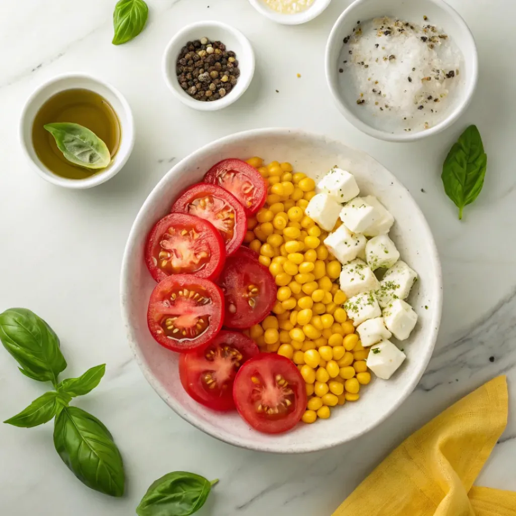 Flat lay of tomatoes, corn, feta cheese, and herbs