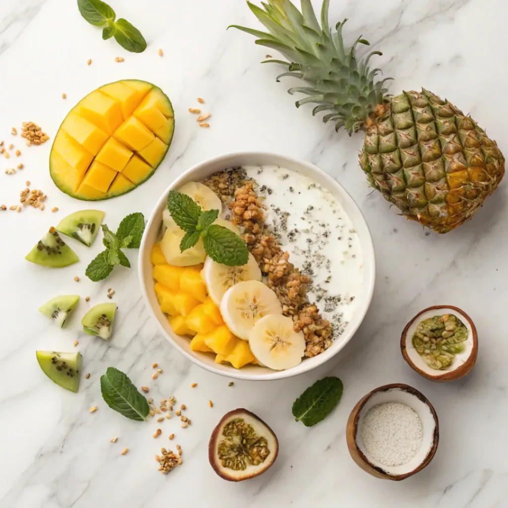 Flat lay of tropical fruits, granola, coconut, and smoothie ingredients