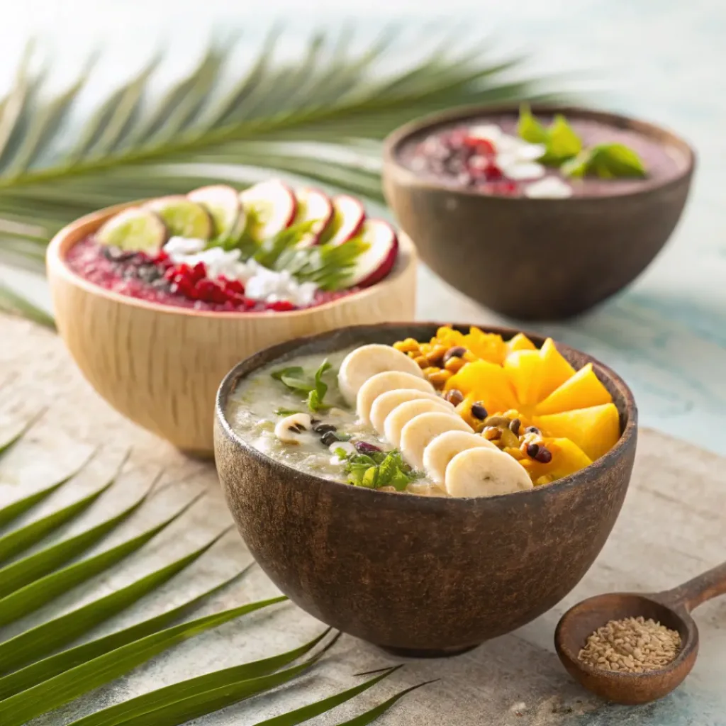 Home 9 Smoothie bowls with mango, pineapple, coconut, and tropical toppings