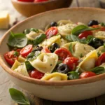 Tortellini salad with spinach, tomatoes, olives, and parmesan