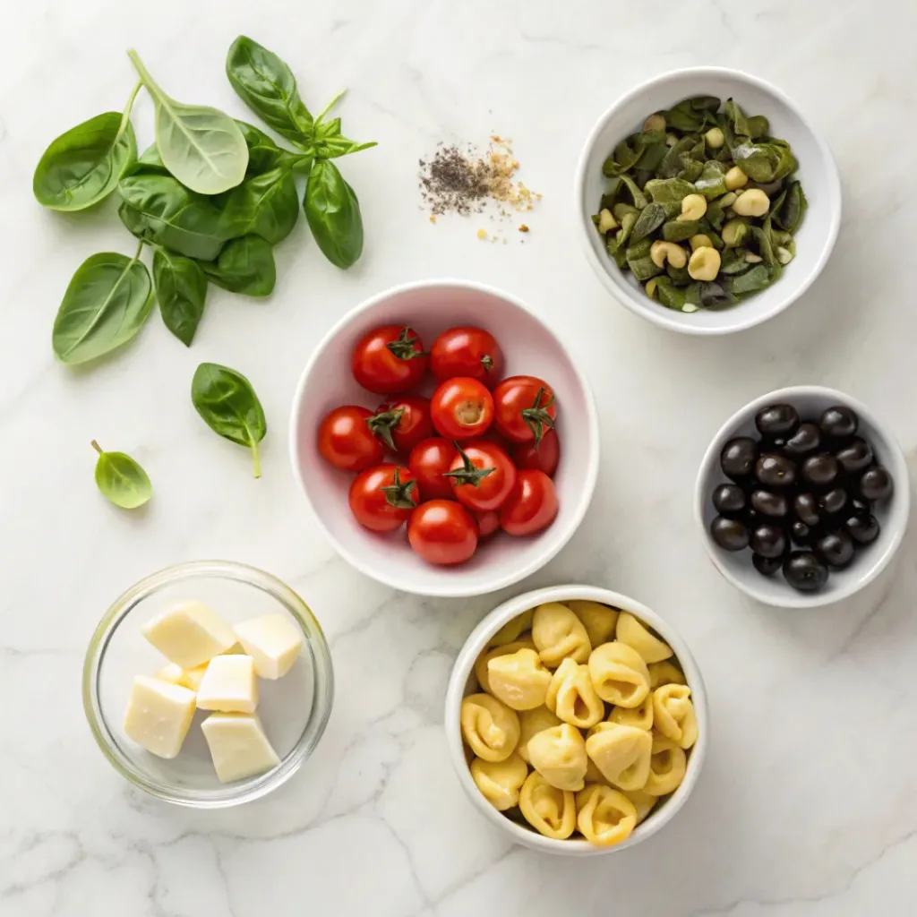Tuscan Tortellini Salad – Creamy Italian Pasta Salad with Fresh Veggies 6 Flat lay of tortellini, spinach, tomatoes, olives, and Italian ingredients