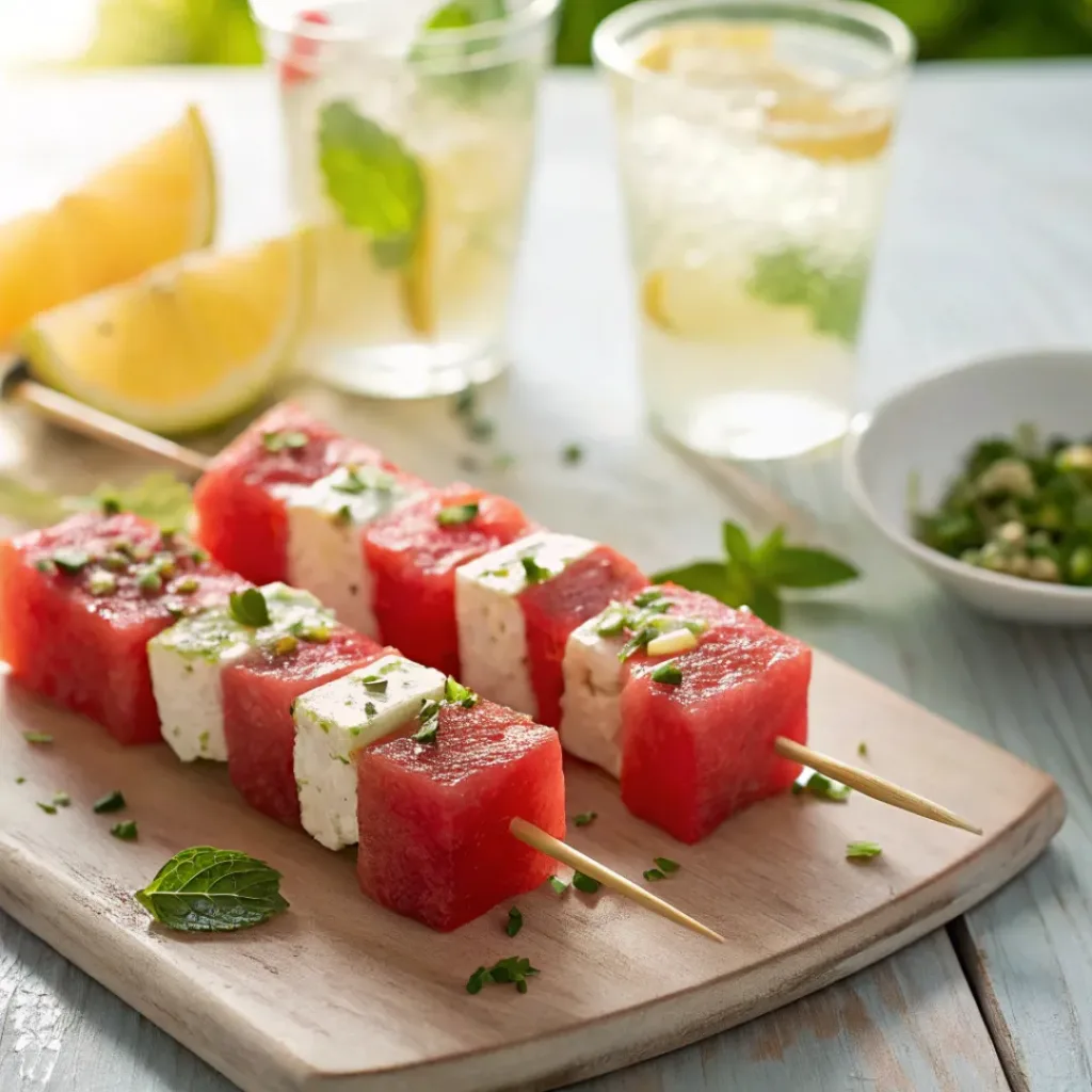 Watermelon feta skewers served with refreshing drinks outdoors