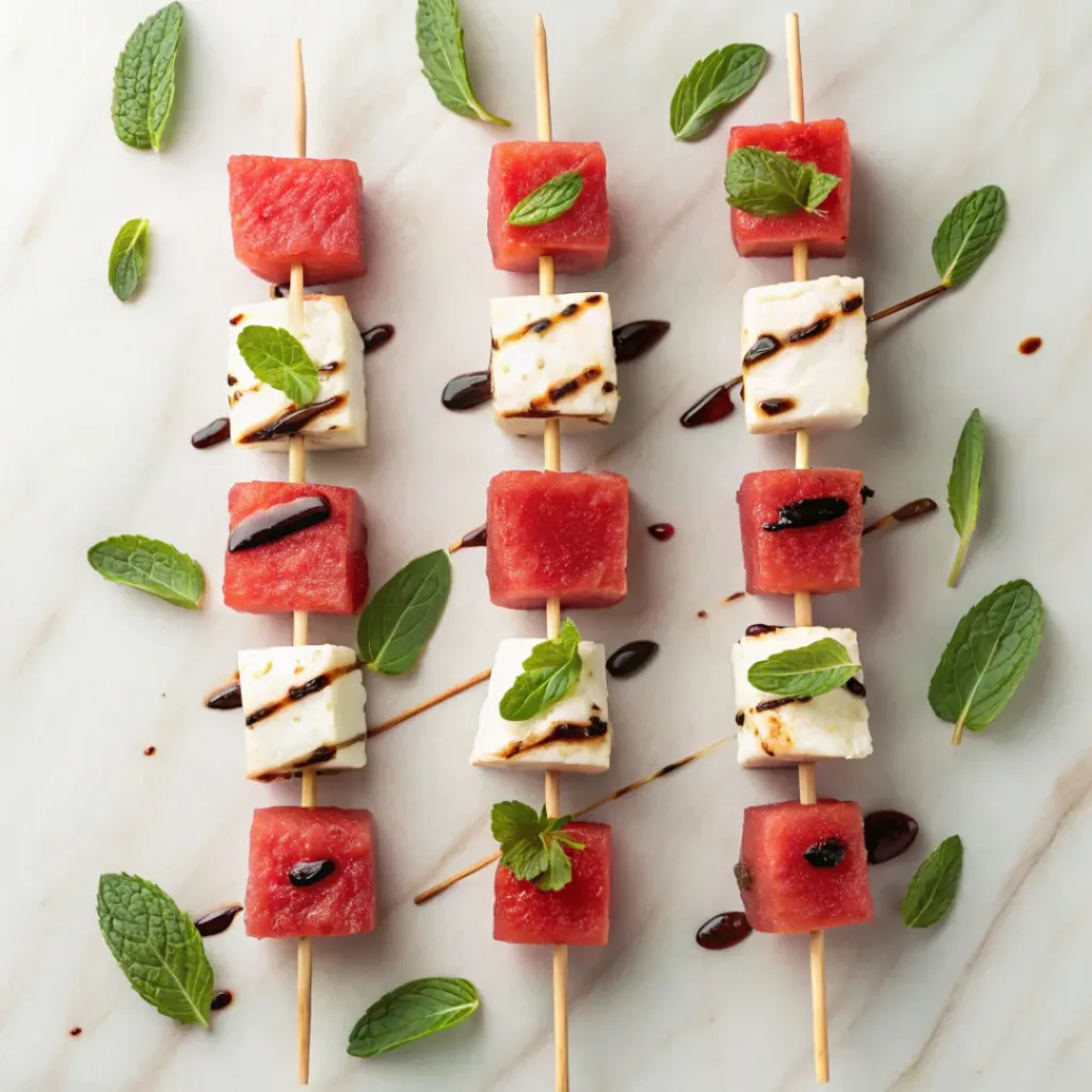 Flat lay of watermelon, feta, mint, skewers, and balsamic glaze