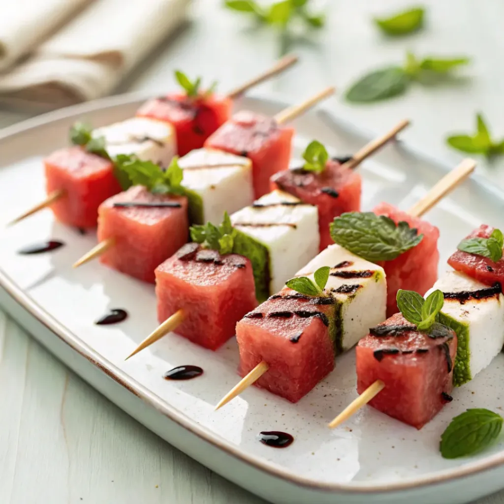 Watermelon feta skewers with mint and balsamic glaze