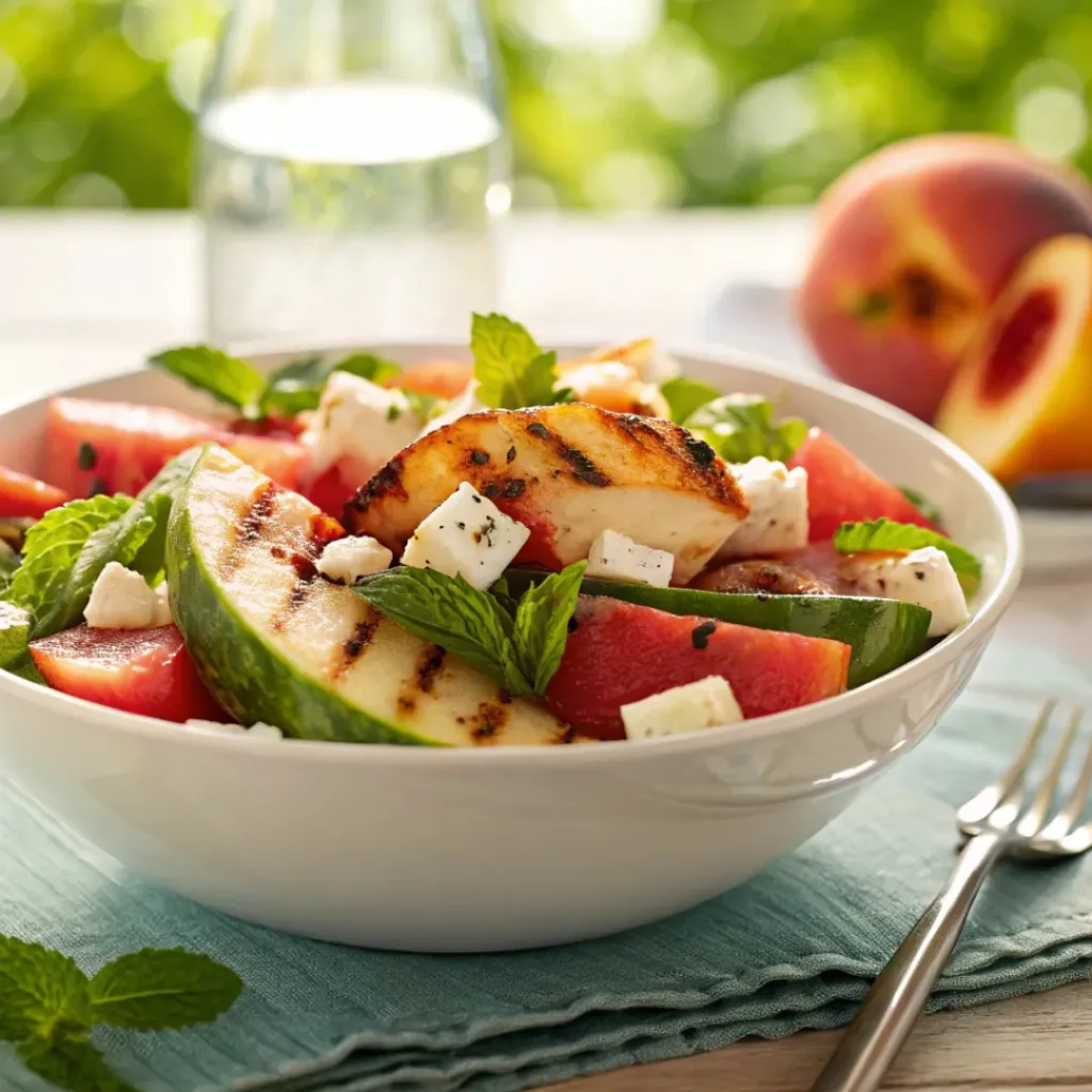 Watermelon peach salad served with grilled dishes outdoors