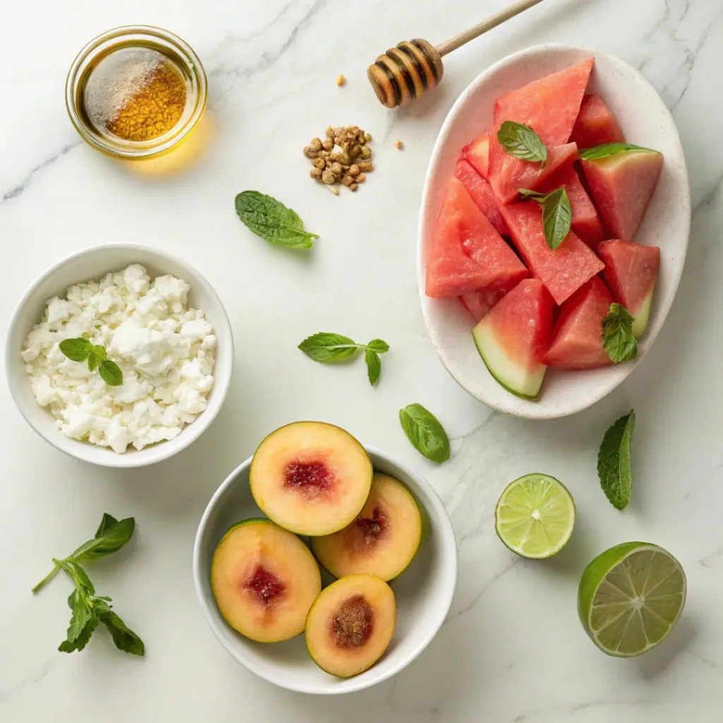 Flat lay of watermelon, peaches, feta, mint, and lime