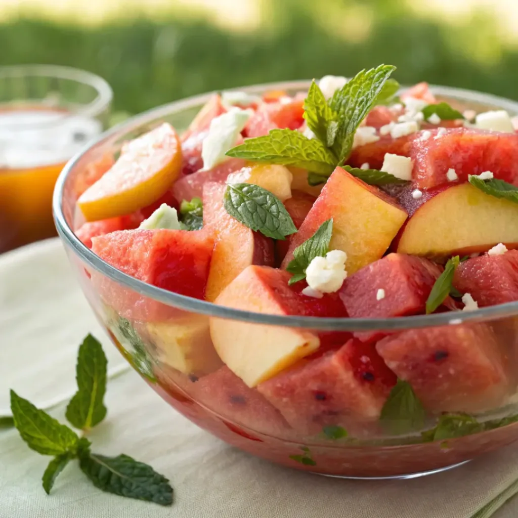 Watermelon peach salad with mint, feta, and fresh fruit